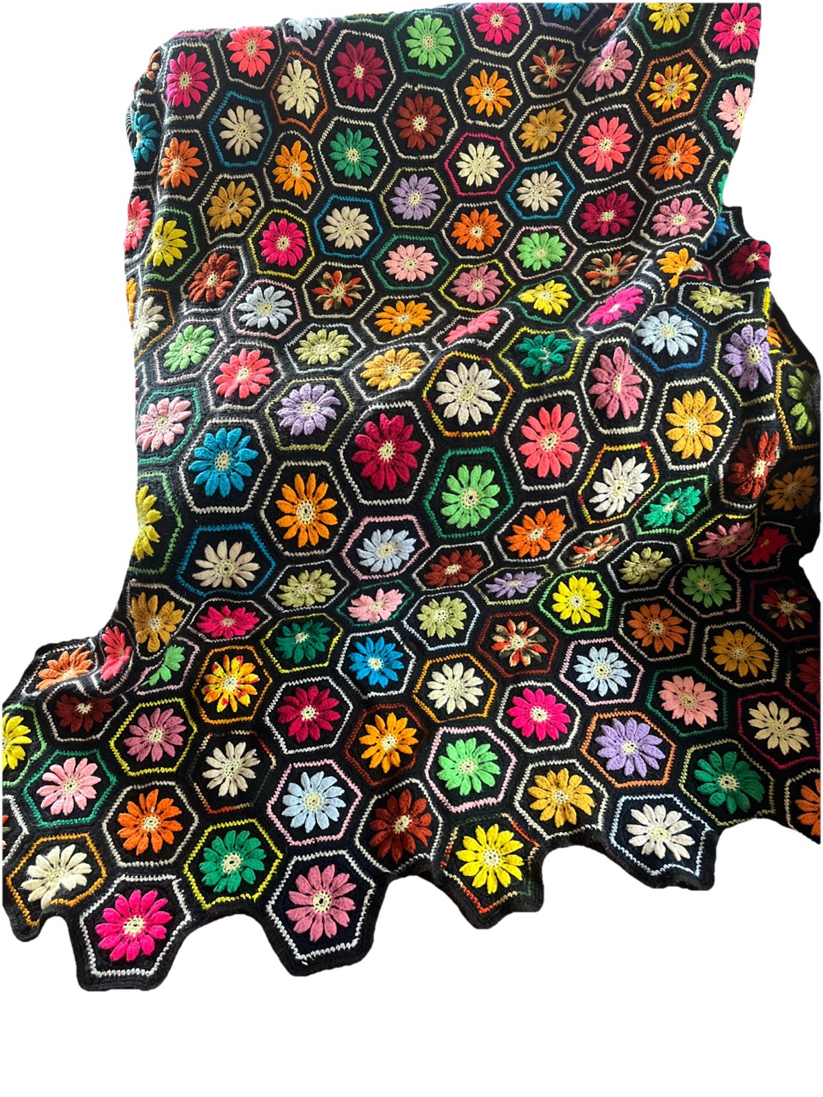 vintage 70s Black FLOWER POWER 3d Knit AFGHAN day glo hexagons granny squares