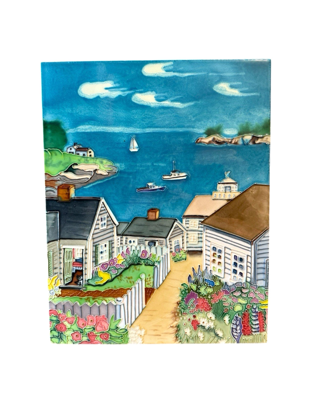 Ceramic Wall Art Tile Plaque Seaside Village Boats Relief Hand Painted Glazed