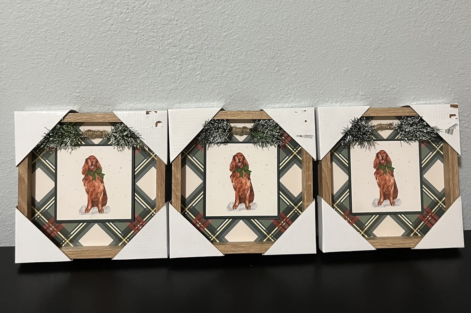 Christmas Dog Wood Frame Wall Picture Home Decor, 3 pieces, 8”x8”