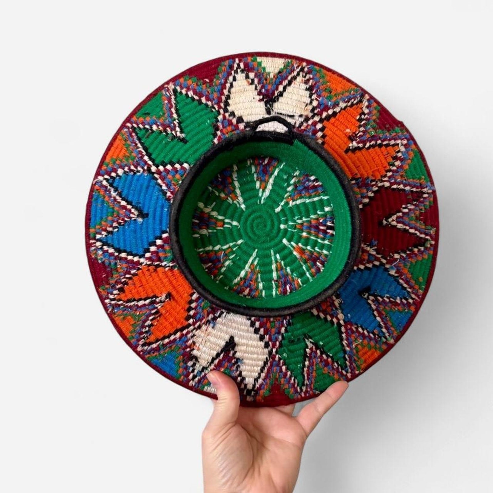 Vintage Hand Woven Colorful African Coiled Basket w/ Wall Hanging Loop 12&Prime;