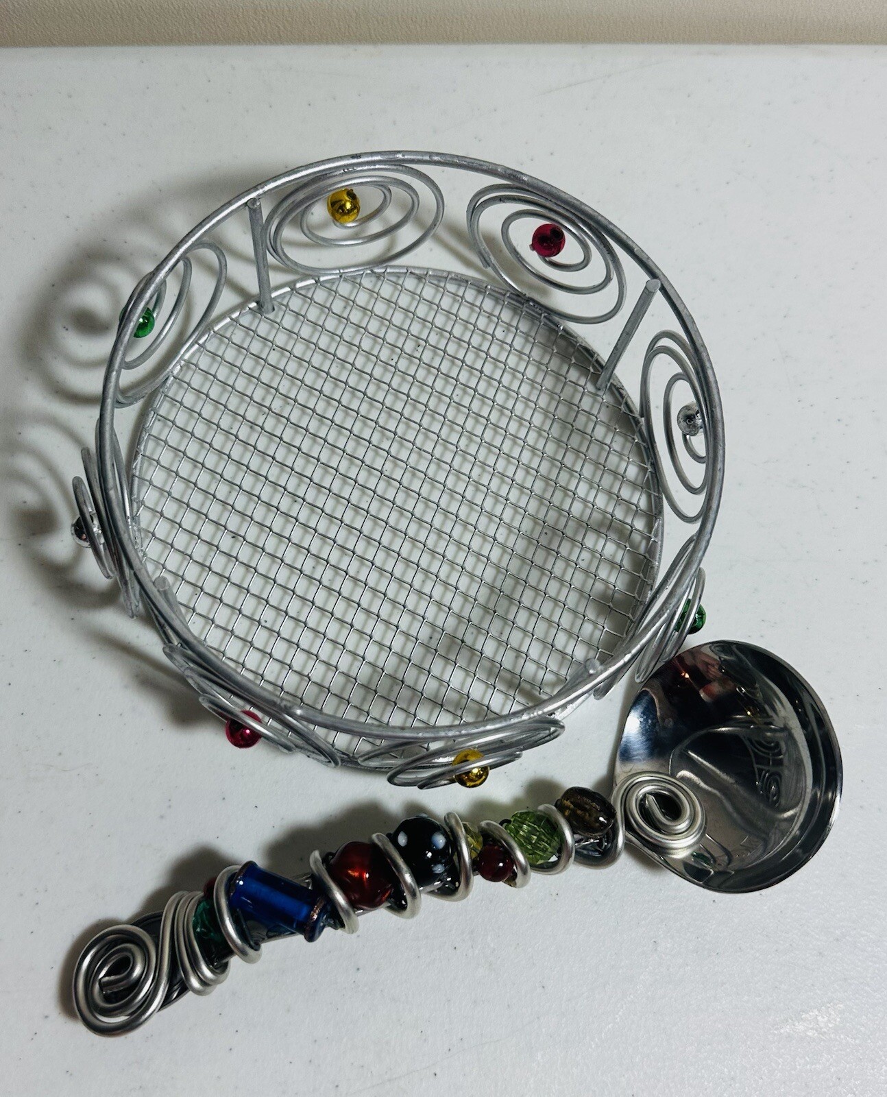 Metal Wire Basket Colored Glass Stones With Spoon