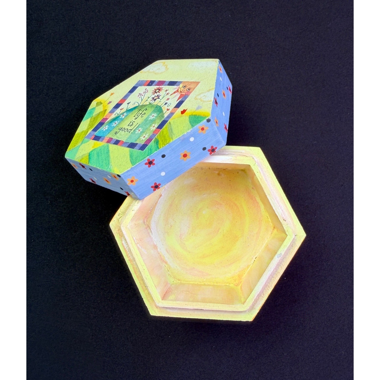 Natural Life is Good Wood Trinket Box Hexagon Yellow Floral Whimsical Decor