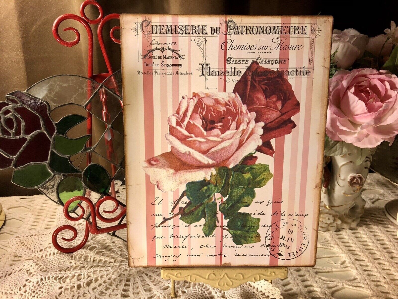 Roses, Shabby Chic French Country, Pink Red Stripes, Handcrafted Plaque / Sign