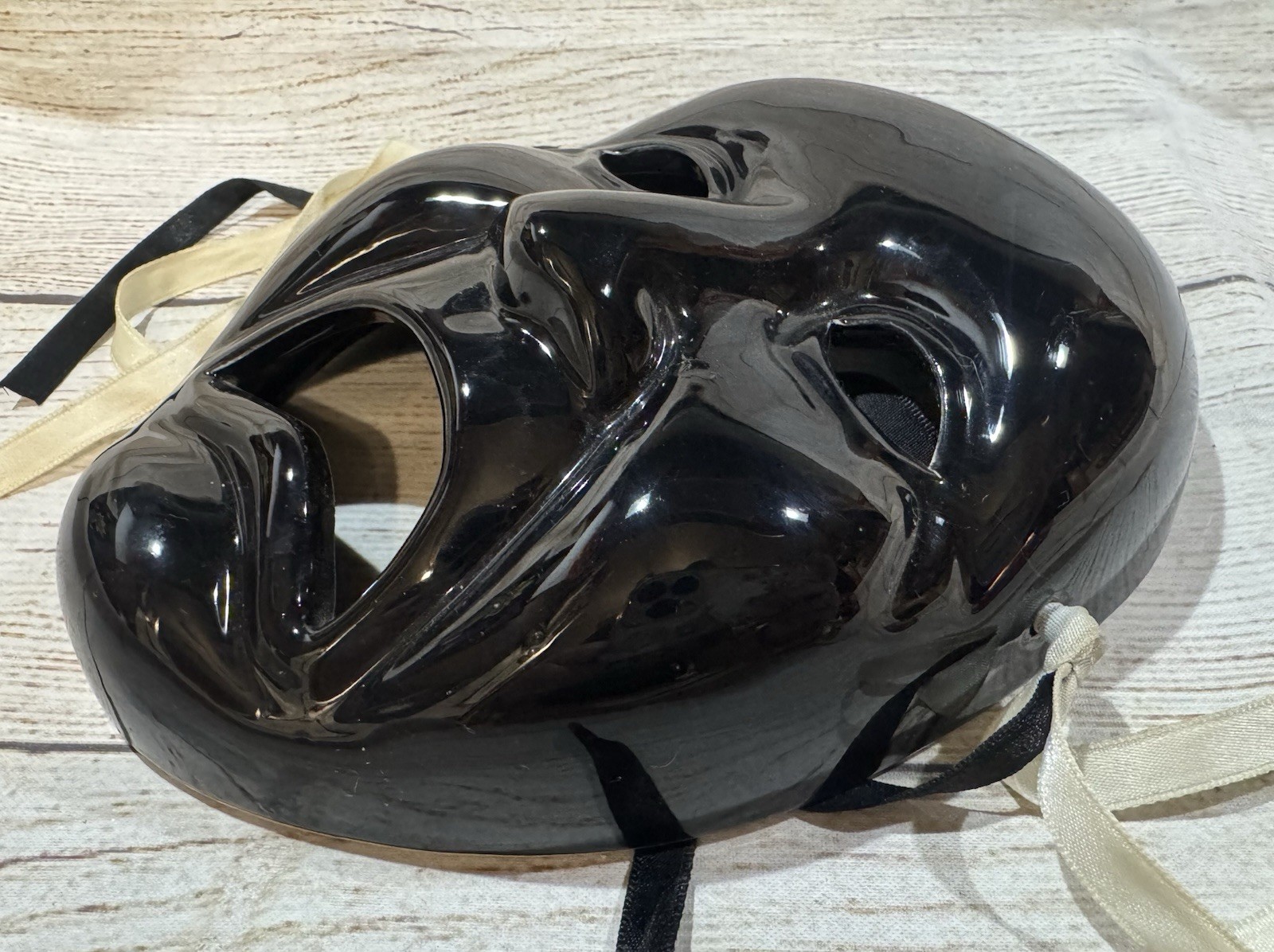 Vintage Taiwan Hand Painted Ceramic Porcelain Wall Mask Black Jester Sad Face