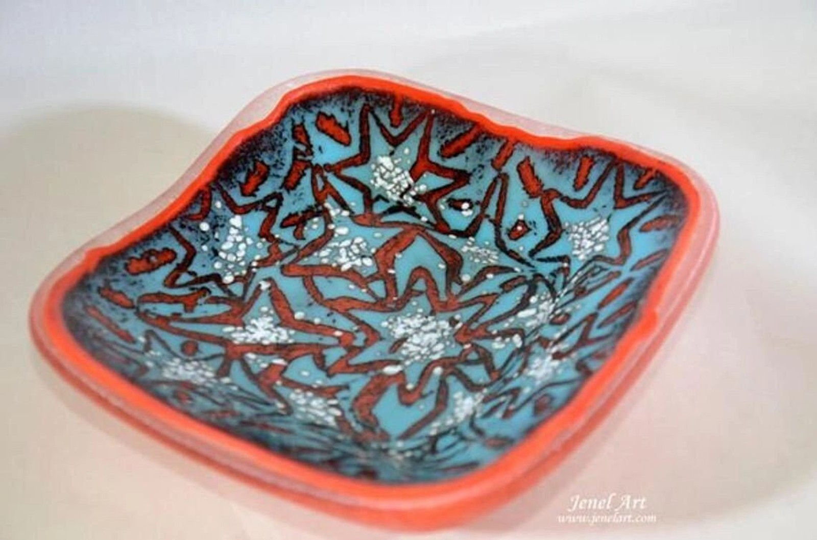 Fused Glass Red Batik Style Serving or Trinket Dish