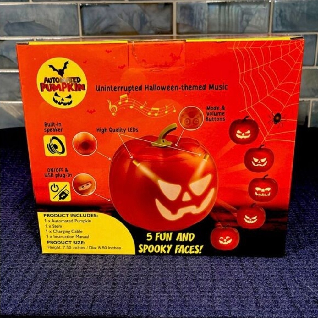 Three (3) Automated Pumpkins – 5 funny and spooky faces w/ music – Rechargeable