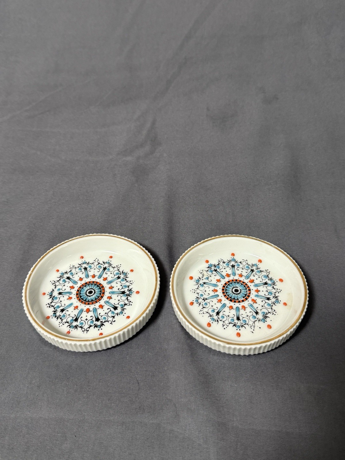 Vintage Porcelain Trinket Dish Pair Blue Orange Geometric Floral 4” Dishes