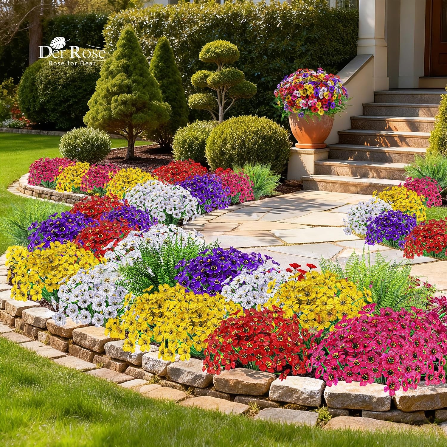 24 Bundles Artificial Flowers for Outdoors Fake Ferns UV Resistant Faux Spring