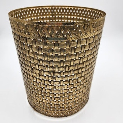 VTG Brass Metal Basket Weave Waste Bin Planter Hollywood Regency Lattice 10&Prime; MCM