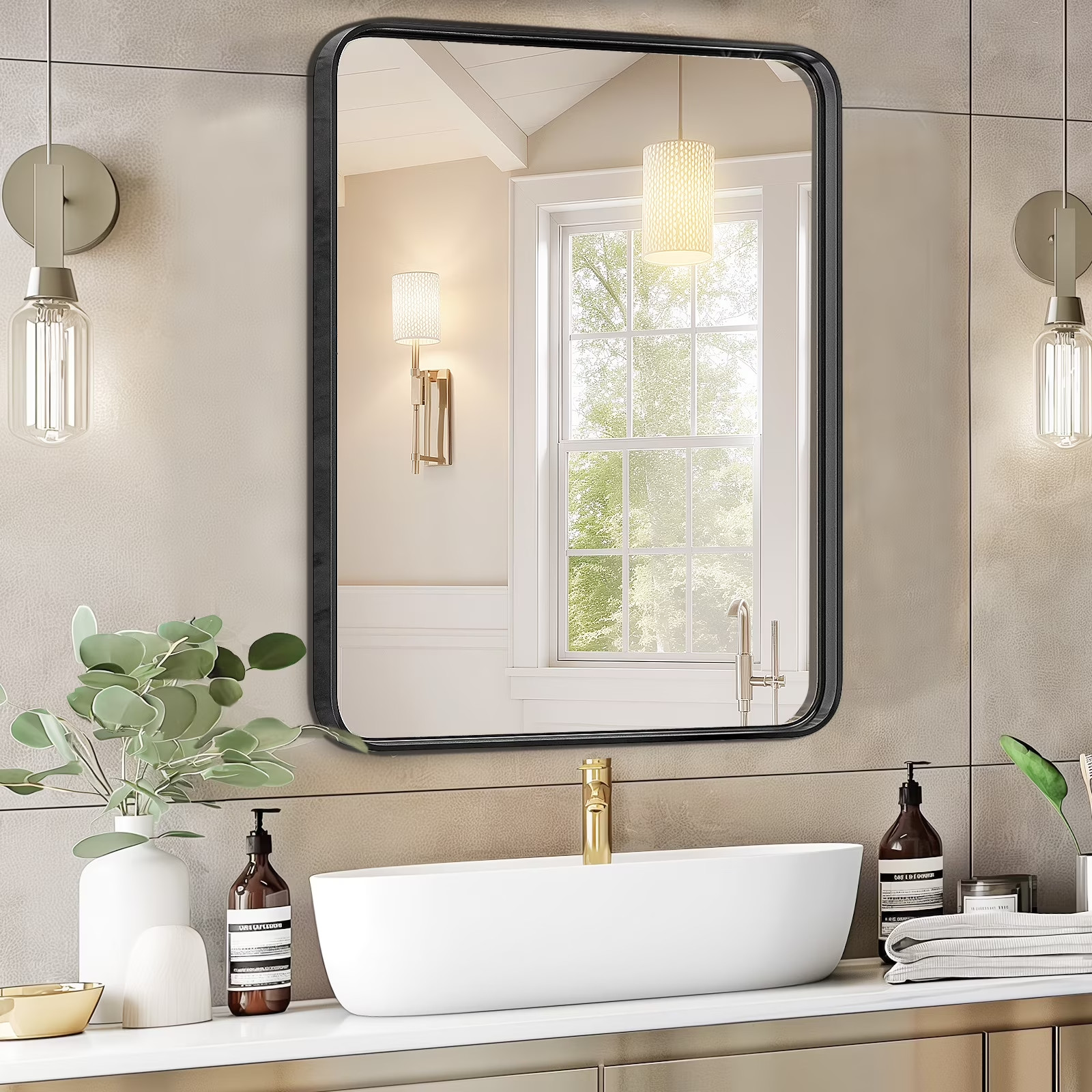 Bathroom Mirror 36&Prime;x 24&Prime; Wall Mirror with Rectangular Metal Frame, Black
