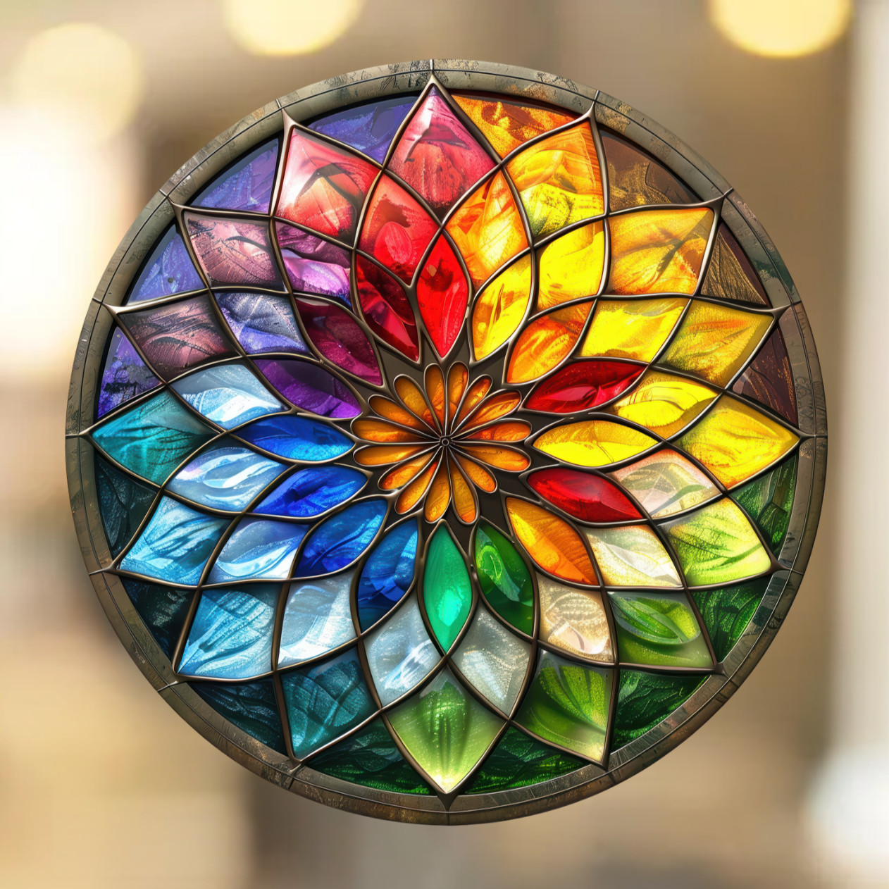 Rainbow Star Flower Faux Stained-Glass WINDOW CLING Size 8&Prime; Round Vinyl