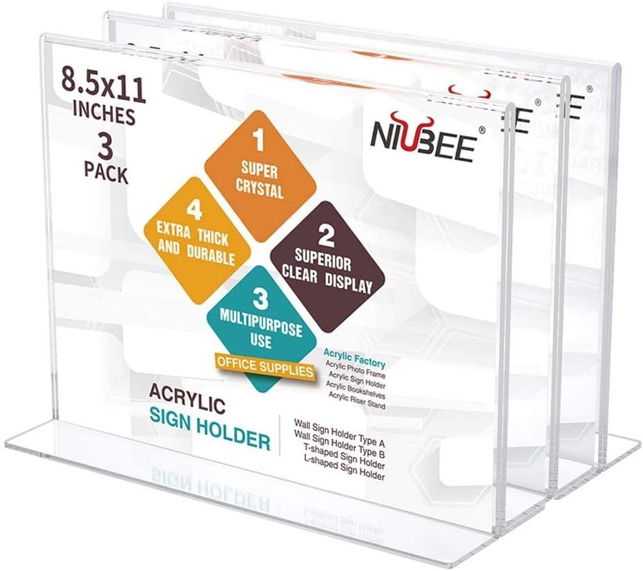 Acrylic Sign Holder 8.5×11 Inches 3 Pa zontal, T Shape Double