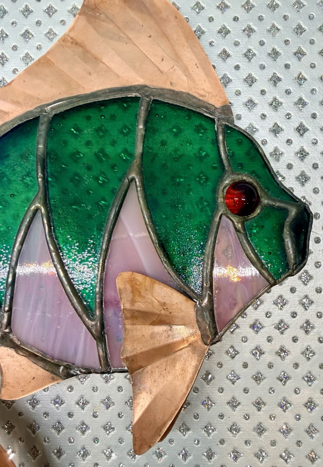 Vintage Stained Glass Rainbow Fish Suncatcher Dichroic Green/Pink w/Copper Fins