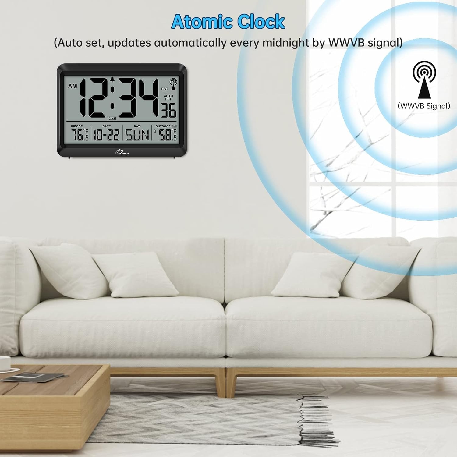 WallarGe Atomic Clock with Indoor Outdoor Temperature, Self-Setting Wall Clock