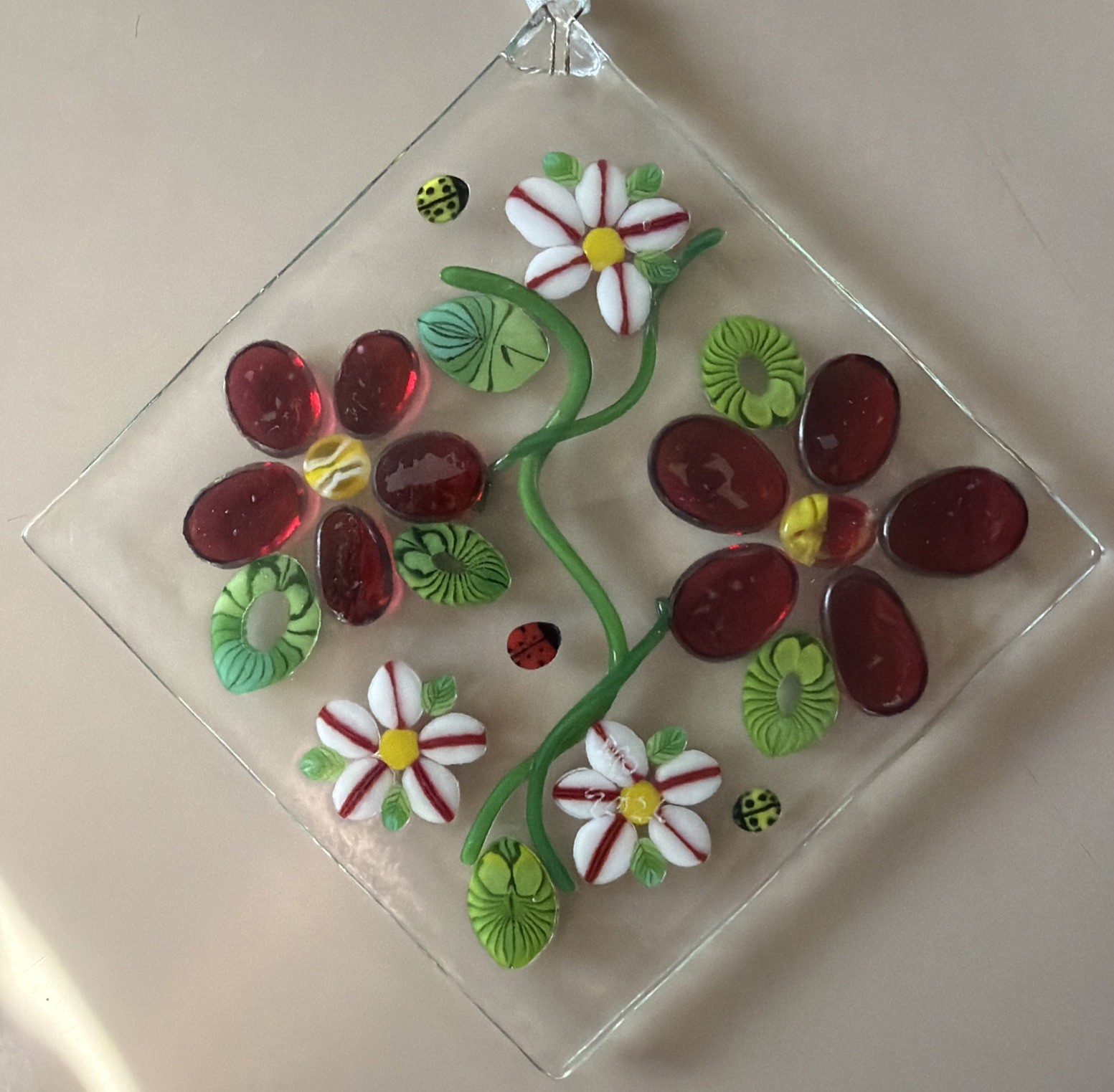 Fused Glass Handmade Diamond Shaped Multicolored Sun Catcher Signed By Artist