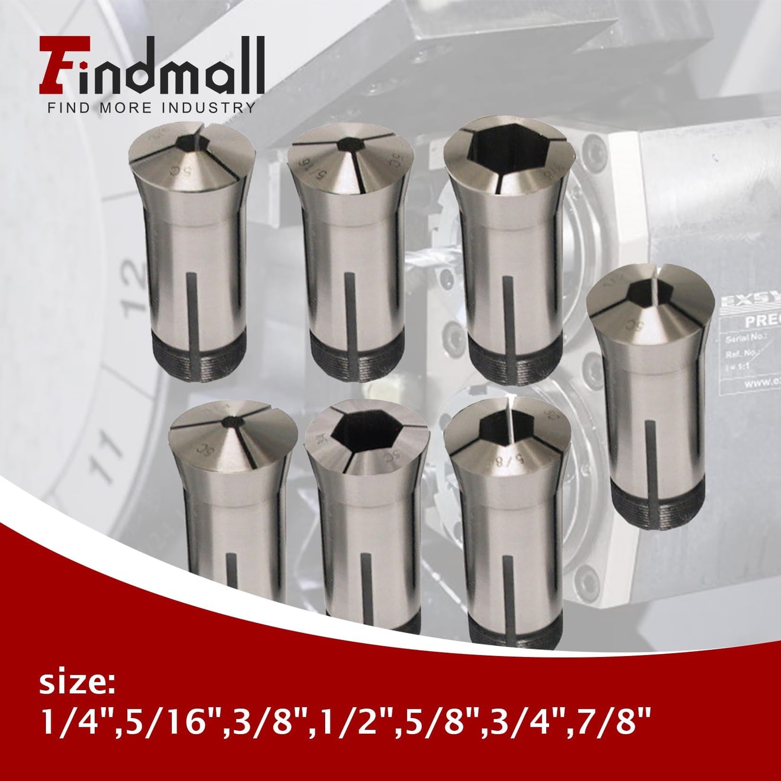 Findmall 7Pcs 5C Hex Collet 1/4 5/16 3/8 1/2 5/8 3/4 7/8 Mill Collet Holder Fit