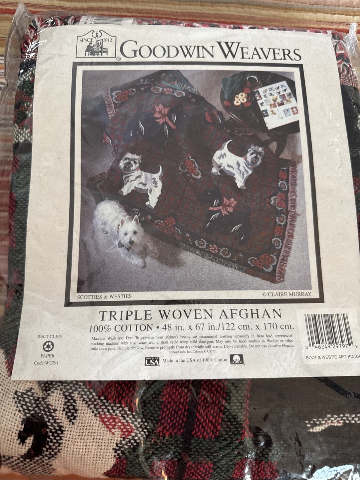 Vtg Goodwin Weavers Triple Woven Afghan 48&Prime; x 67&Prime; Scotties Westies USA Cotton