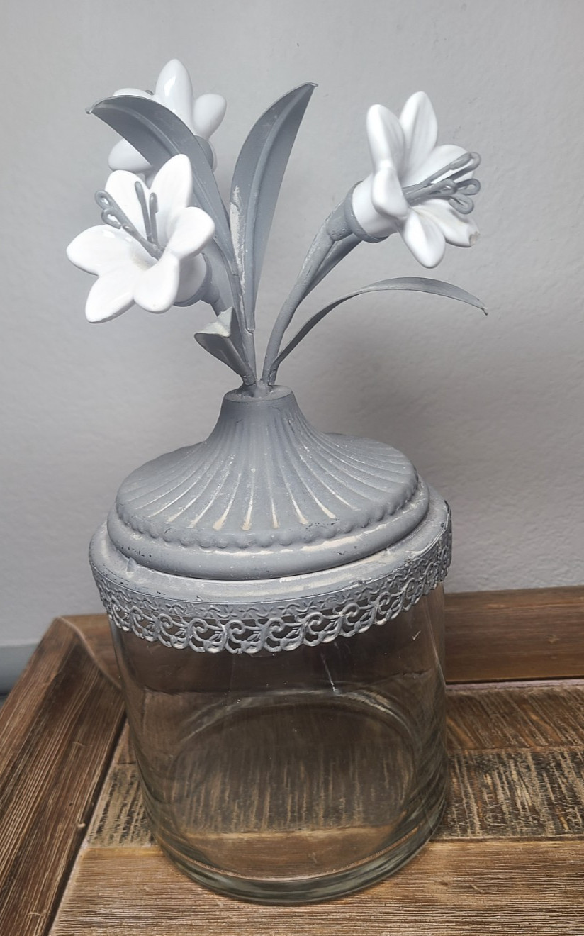 Lidded Decorative Storage Jar/Container w Metal/Porcelain Floral Topper 10.5&Prime;