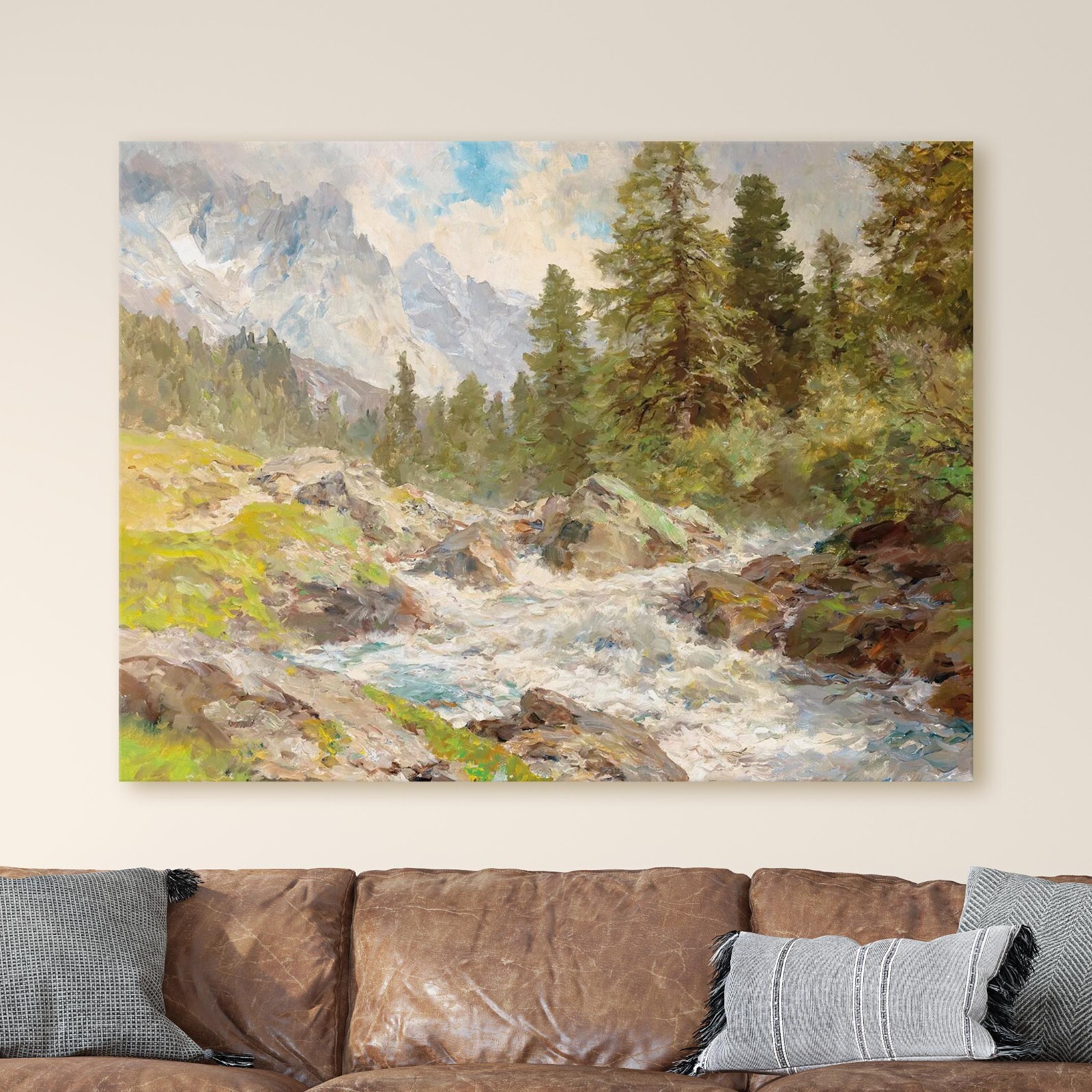A Swiss Mountain Stream 20th Century Alpine Painting Canvas Wall Art Print