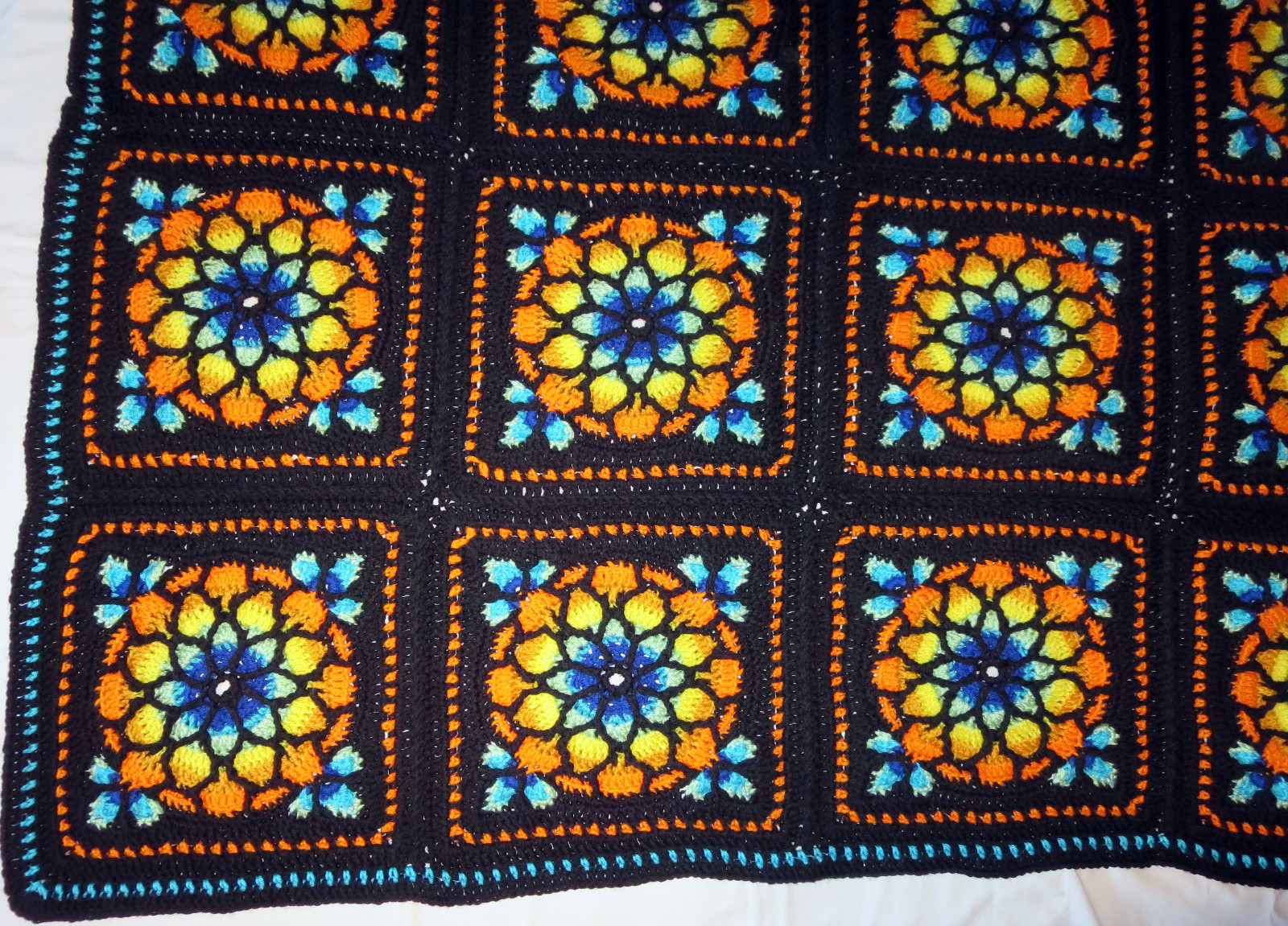 HANDMADE Crochet AFGHAN vtg STAINED GLASS Knit THROW Quilt COUCH Lap BED BLANKET