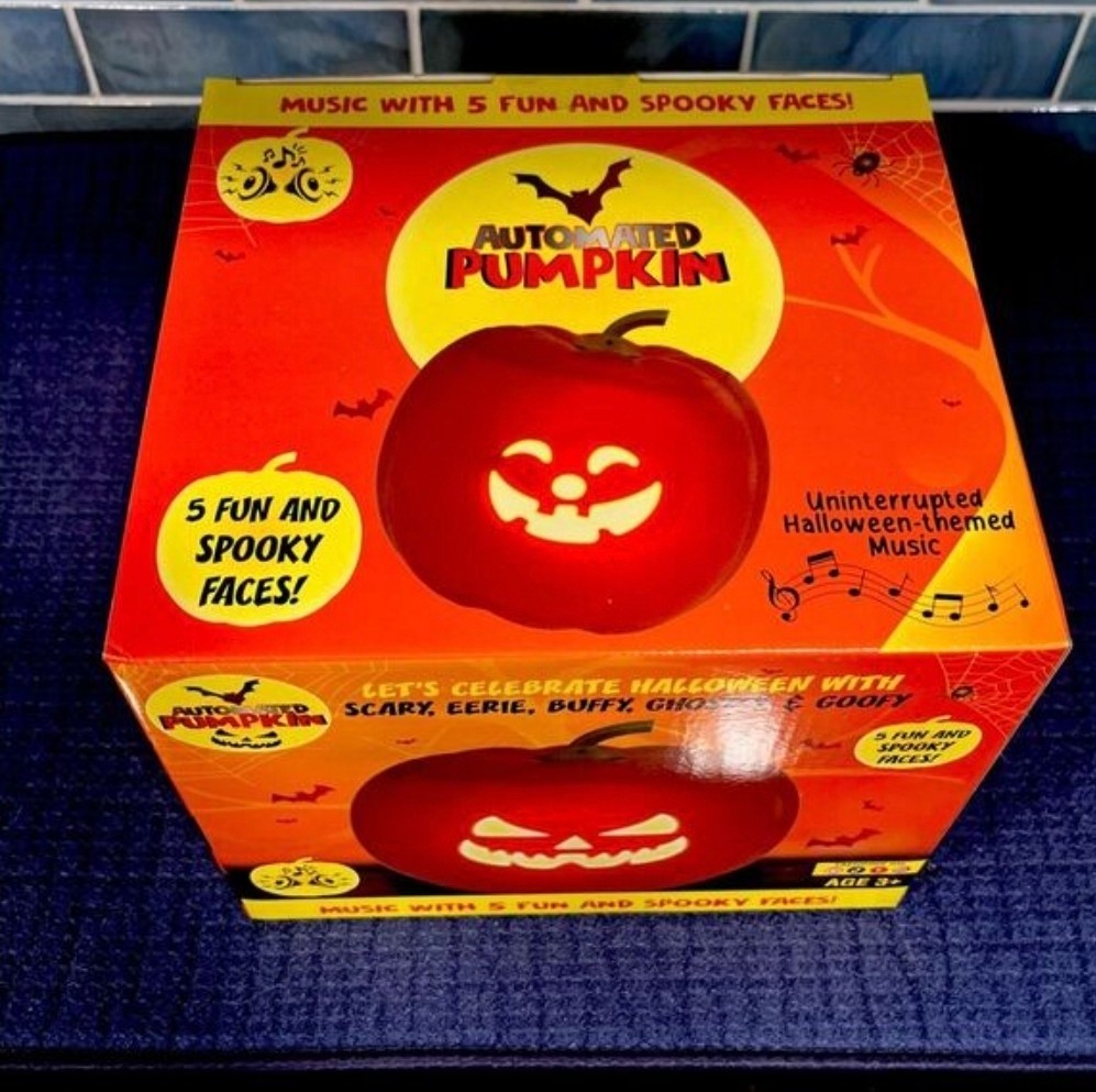 Three (3) Automated Pumpkins – 5 funny and spooky faces w/ music – Rechargeable