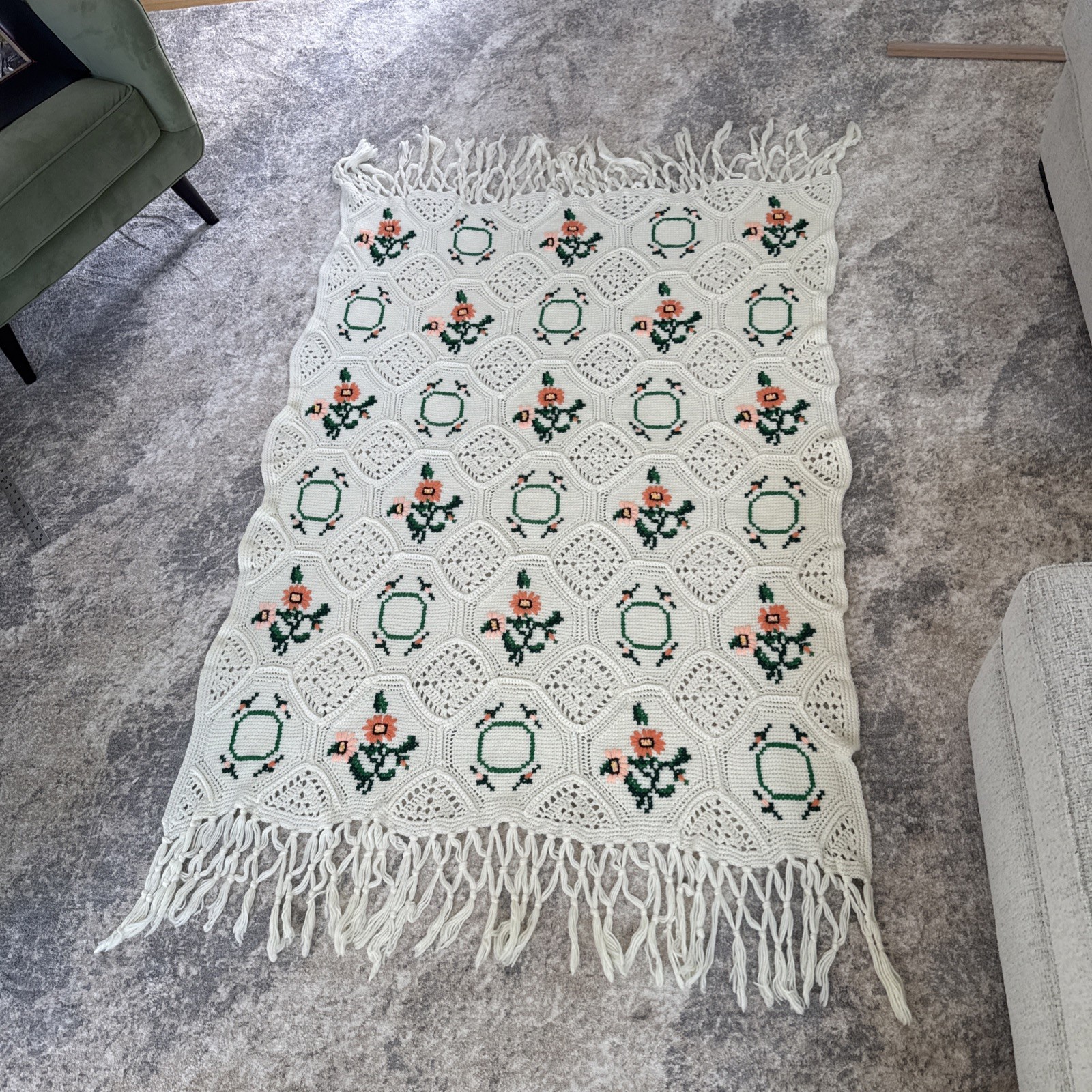 Cream Crocheted Blanket w/ Hexagons Embroidered Peach Floral Designs Fringe Ends