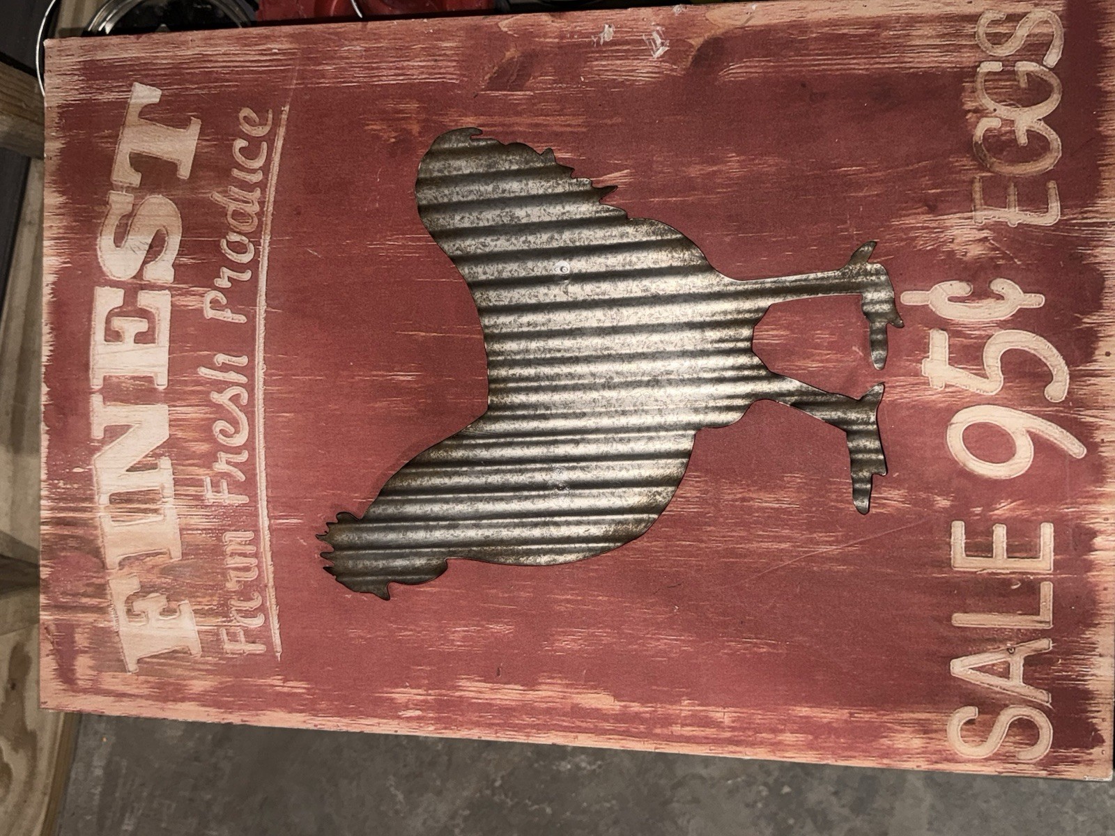 Rustic Farm Life Chicken Wood & Metal Hanging Wall Sign, Sale 95¢, Red/Black