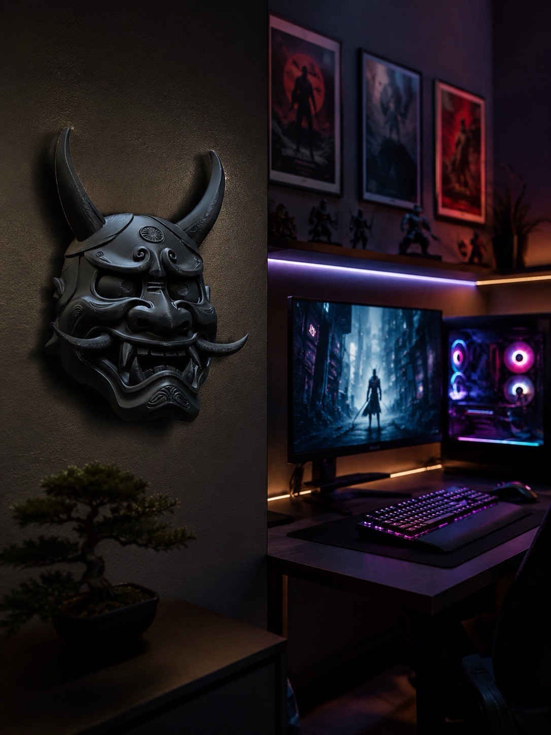 Black Japanese Oni Samurai Demon Mask Wall Decor Tattoo Bar Man Cave