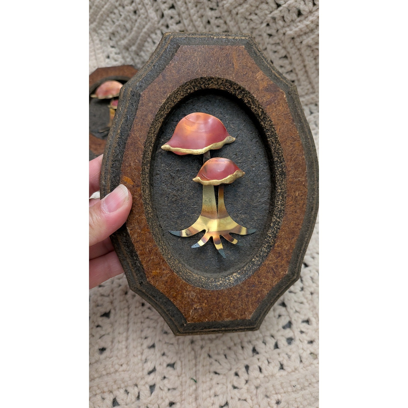 Vintage 70s Mushroom Leaf Metal Wood Wall Art Plaques Set of 2 MCM Boho Decor