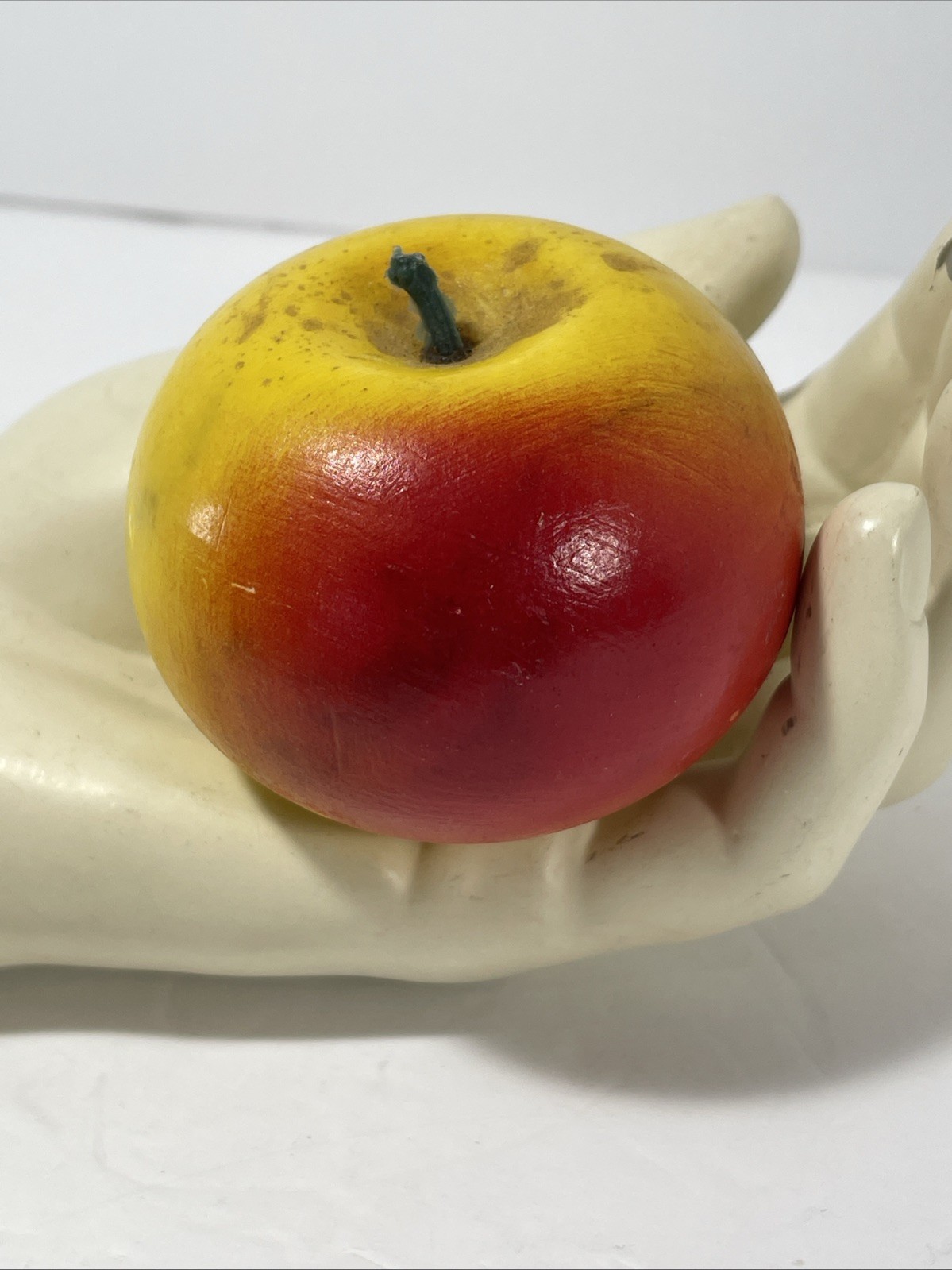 Apple Antique Italy Alabaster Stone Fruit Red Yellow Wood Stem Handpainted 9&Prime;