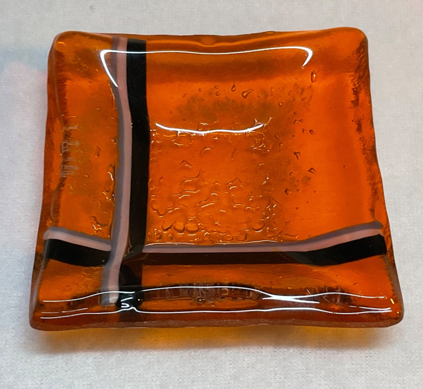 Vtg Murano Style Fused Art Glass Trinket/Jewelry Dish. 3” Square. Orange, Black