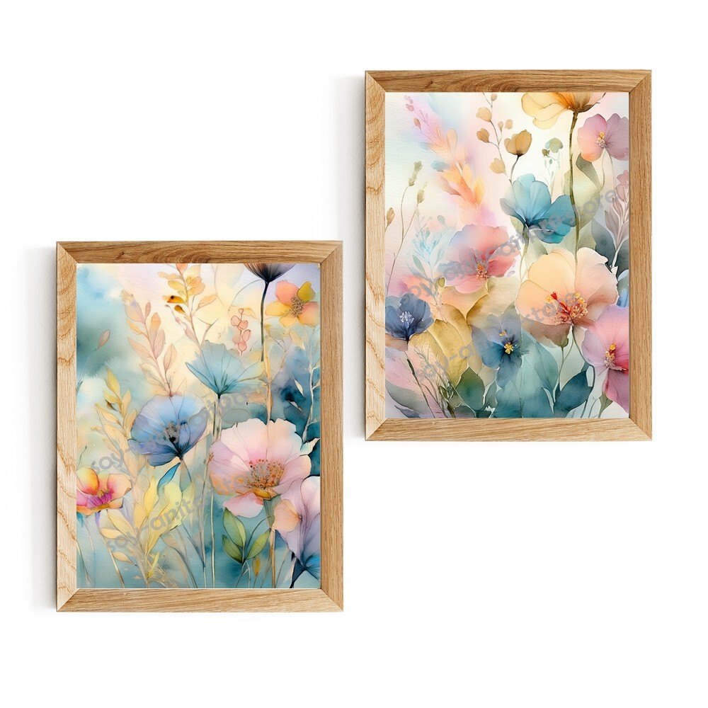 Díptico floral en acuarela digital – Decoración pared moderna, Digital Download