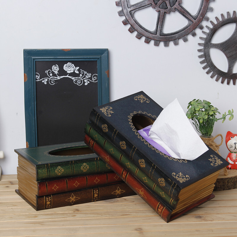 Wood Book Shape Tissue Box Retro Rectangle Napkin Paper Holder Storage Case.