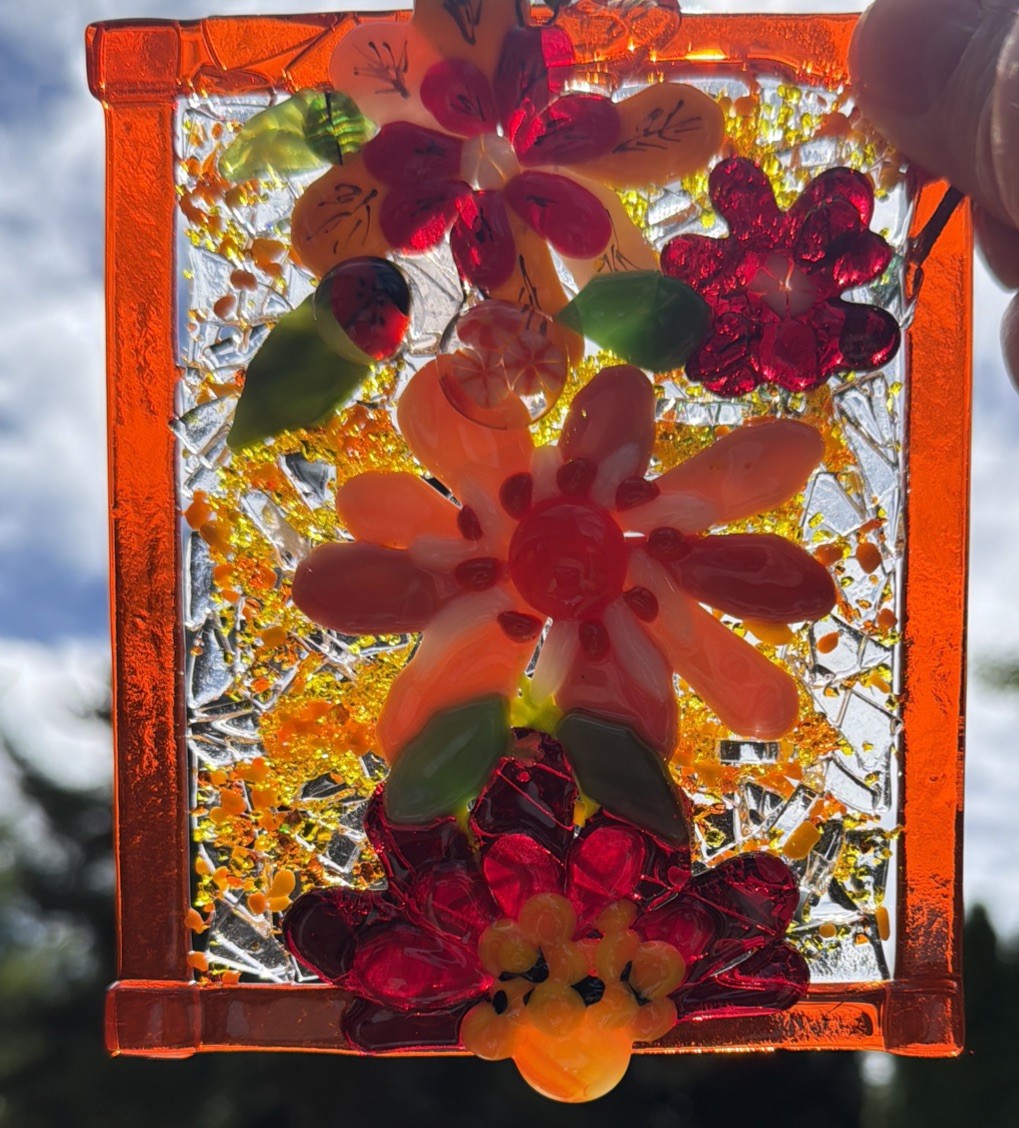 Fused Glass Handmade Flowered Rectangular Multicolor Sun Catcher Signed
