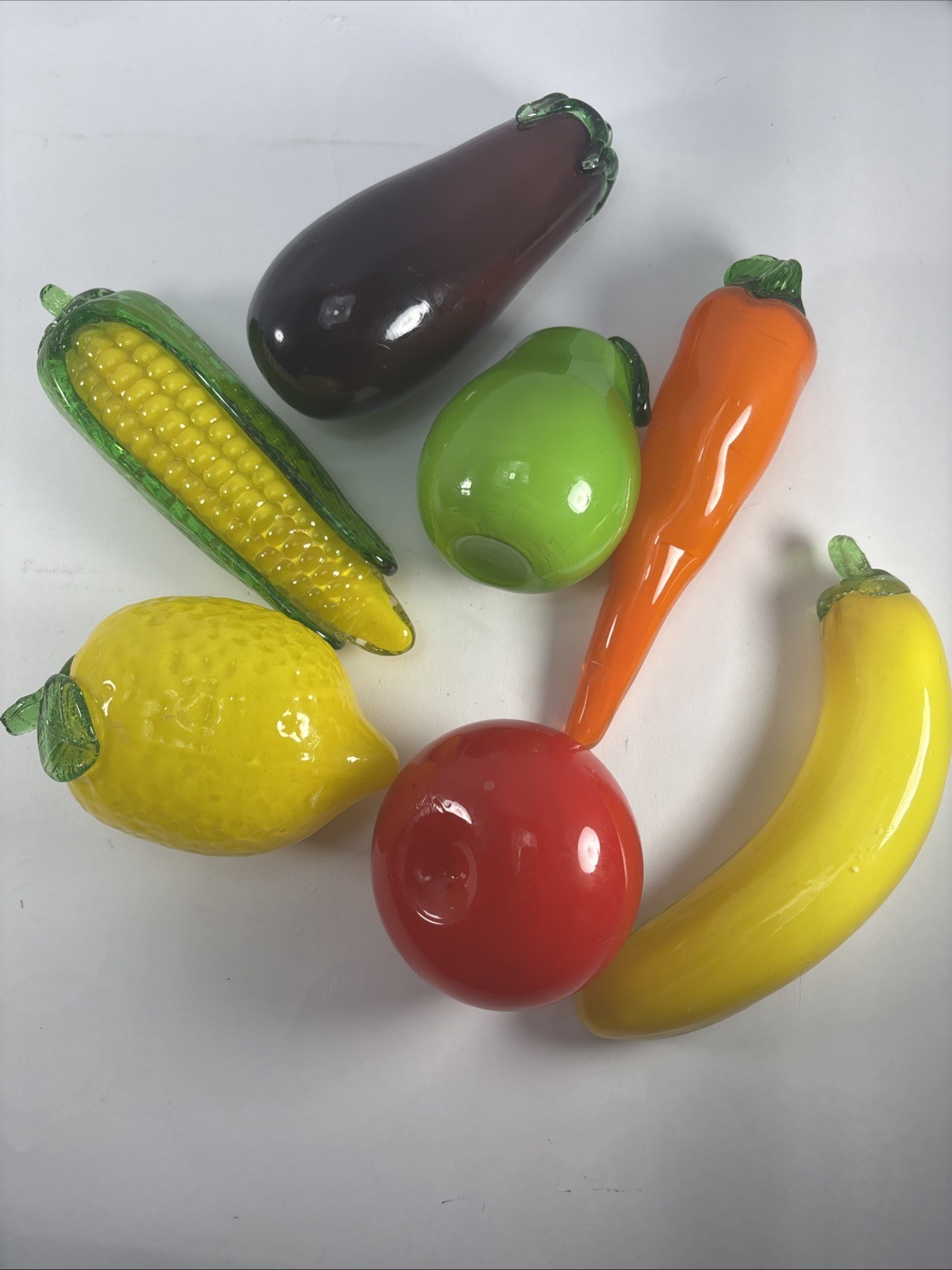 Vintage Lot Of 7 Blown Glass Art Glass Vegetables & Fruits Murano Style
