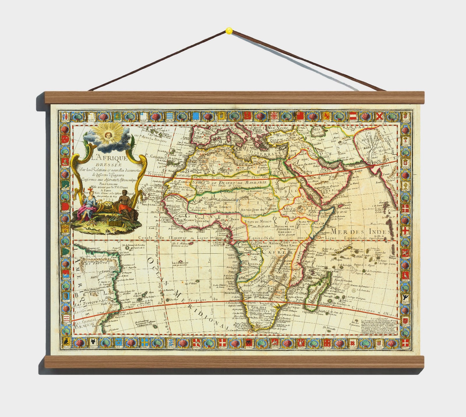 Antique Old 1732 Antique Map Of Africa; 100% Cotton Canvas, Magnetic Wood Frame