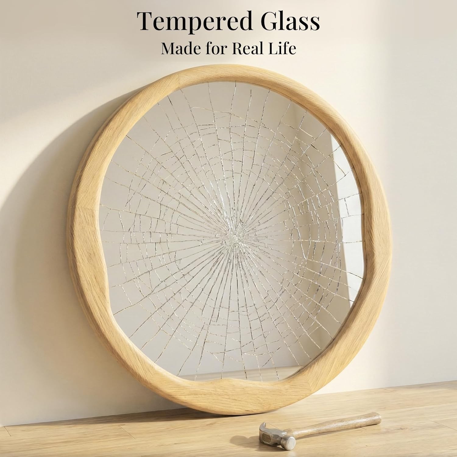 24&Prime; Natural Wood Round Mirror, Solid Wood for Bathroom Vanity & Bedroom