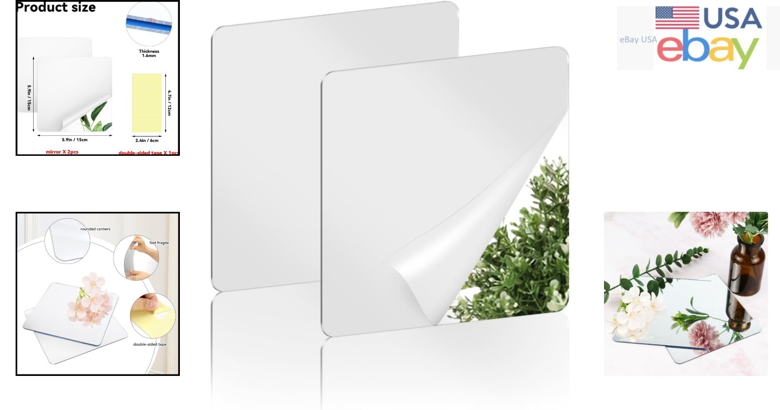 Lightweight Self-Adhesive Acrylic Mirrors – 2 Pack, Ideal for Any Room, 6×6 inch
