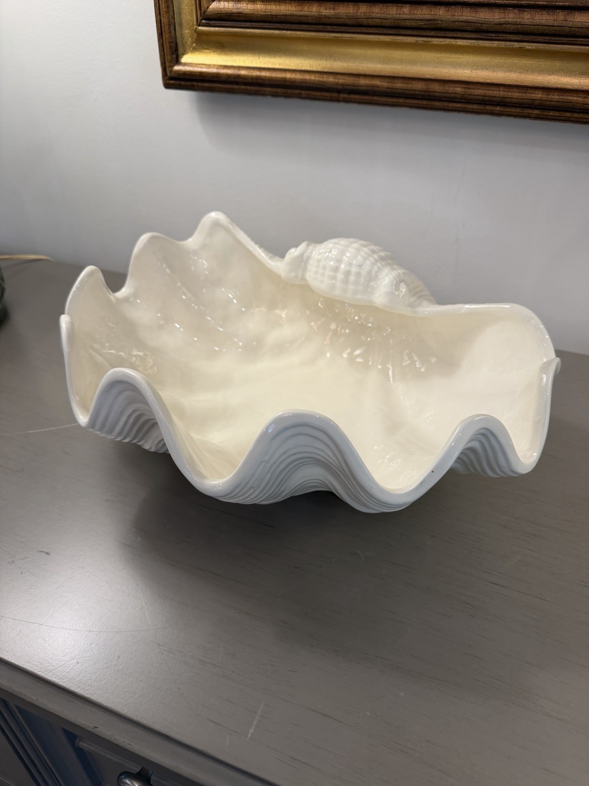 Vintage Clam Shell Ceramic Decorative Bowl 14×11” Pearl White Artist Signed 1982