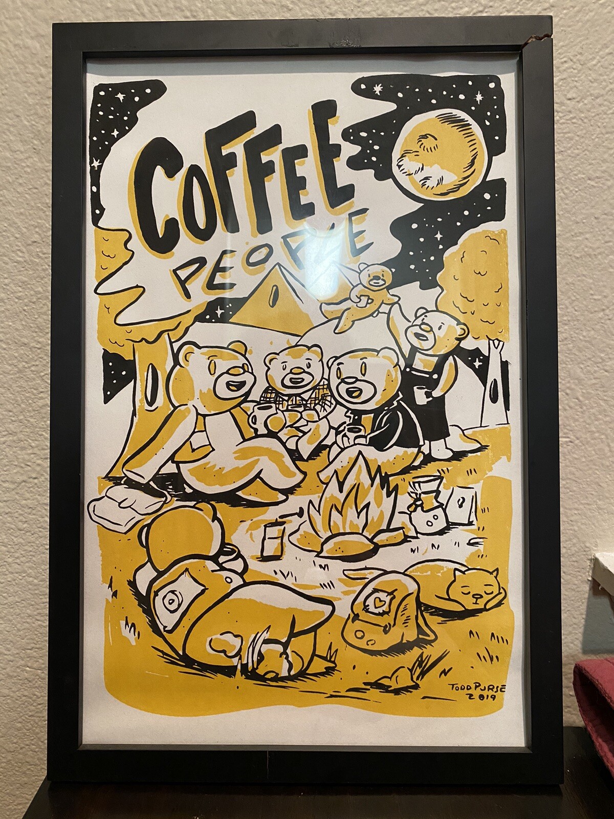 Coffee People Screen Print Of Bears Around A Campfire. 12”x20”