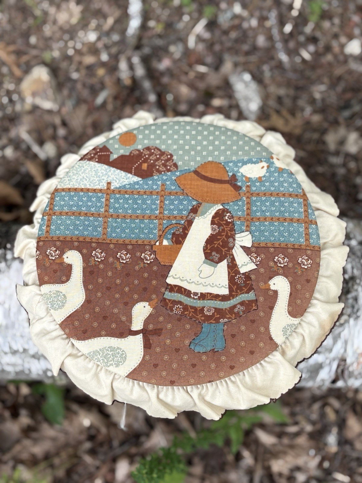 13” Handmade Fabric Geese Quilted Vintage Round Basket W/ Cover Cottage