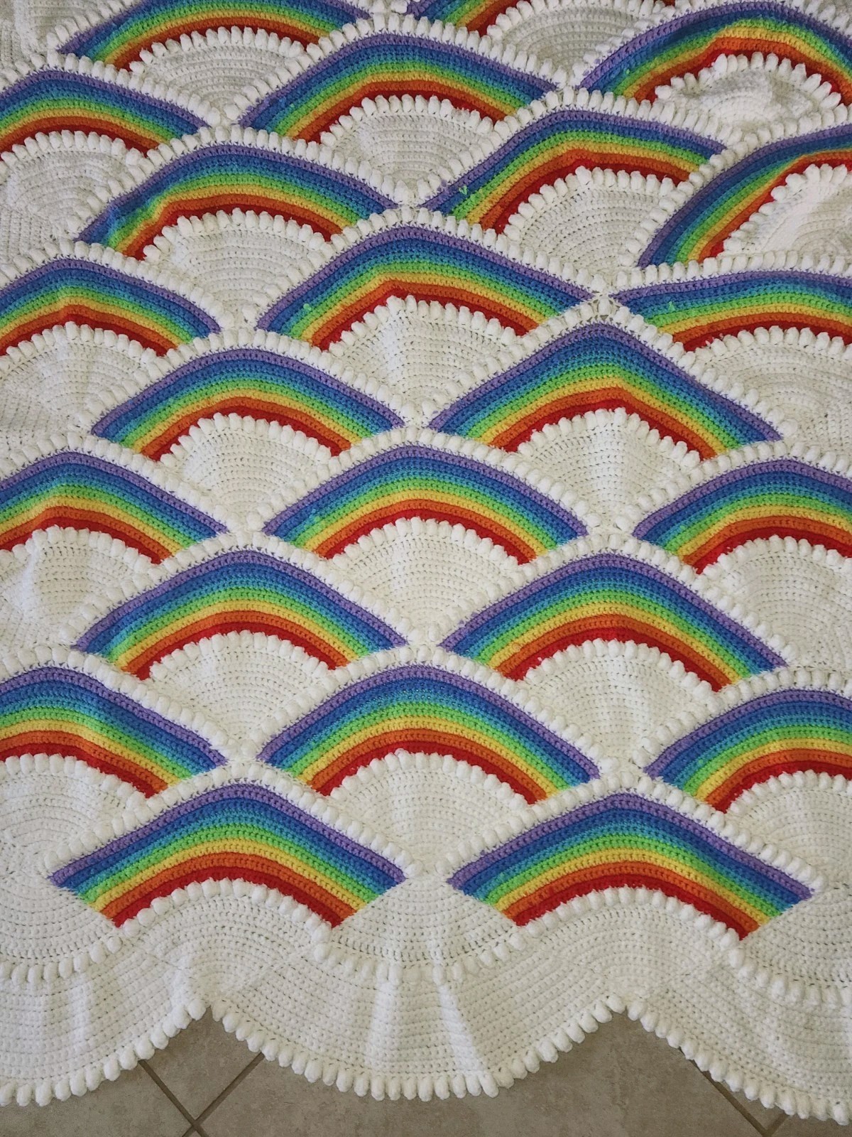 Vtg. Rainbow & Clouds Handmade Crochet Afghan Blanket Retro Pride Scalloped edge