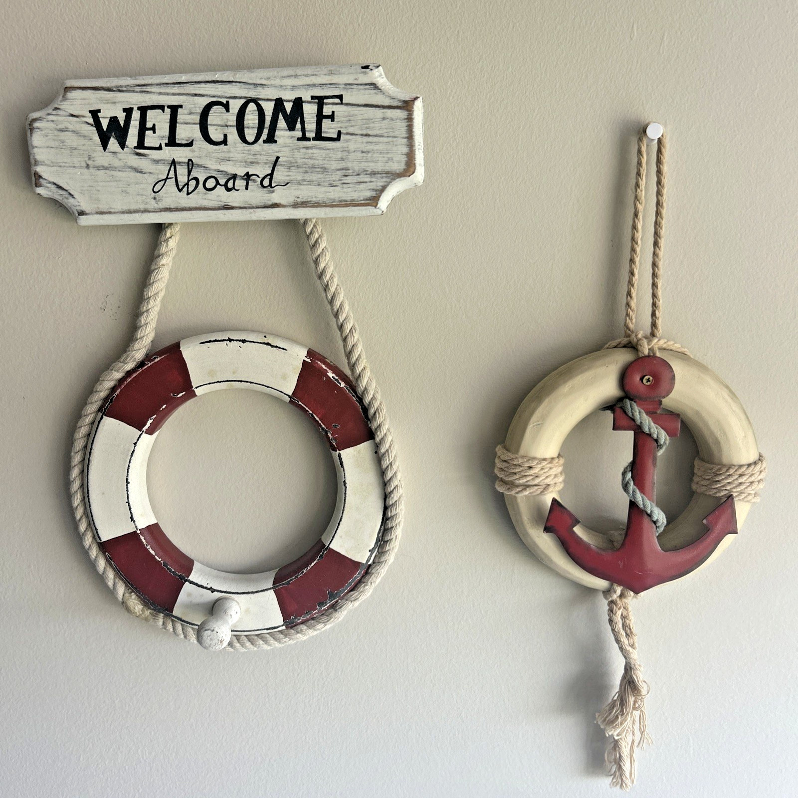 Coastal Beach Nautical Decor Welcome Aboard Life Ring & Anchor Life Ring