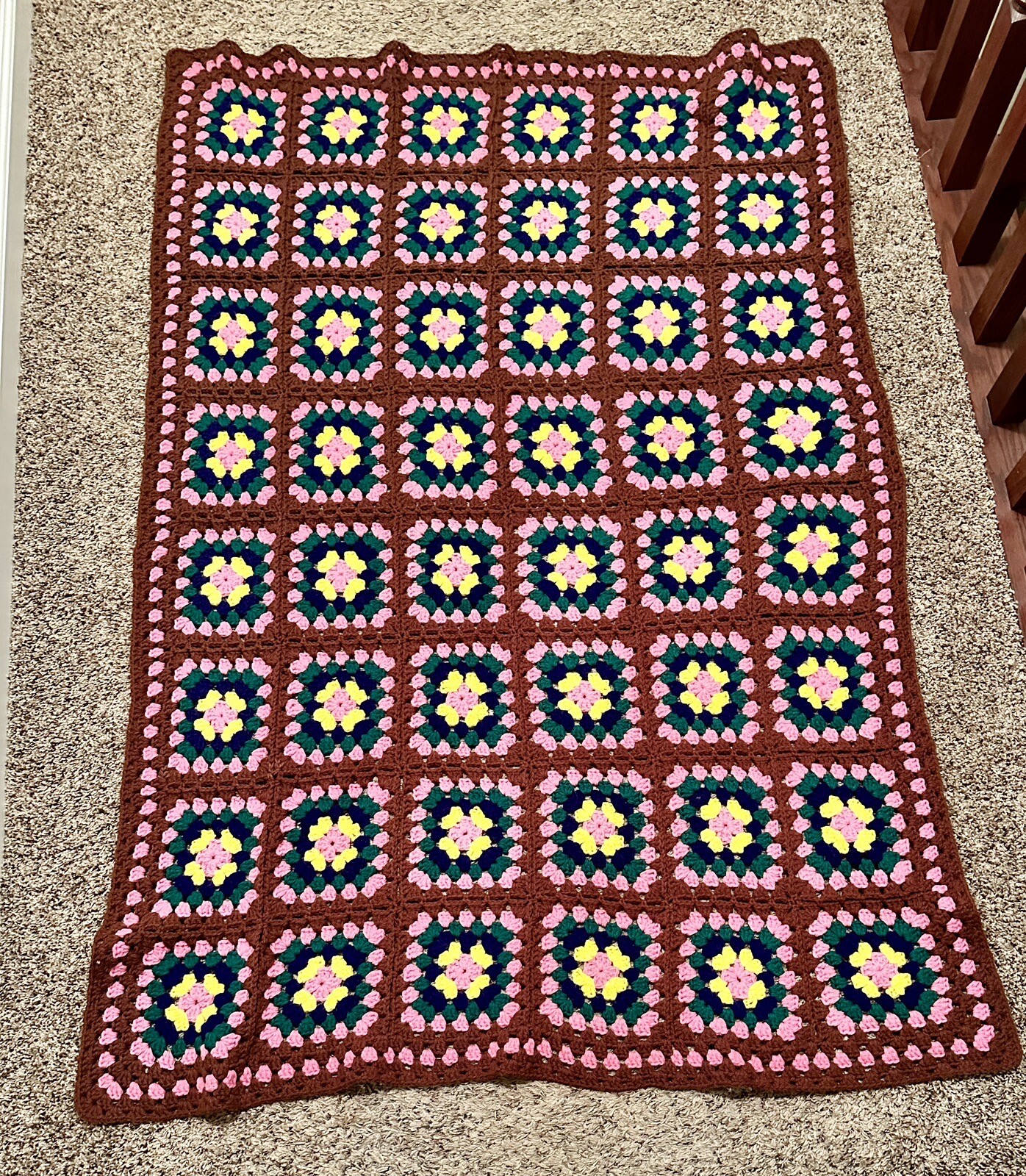 Crochet Afghan Blanket Brown Multicolored 40” X 60 Granny Squares Roseanne Vtg