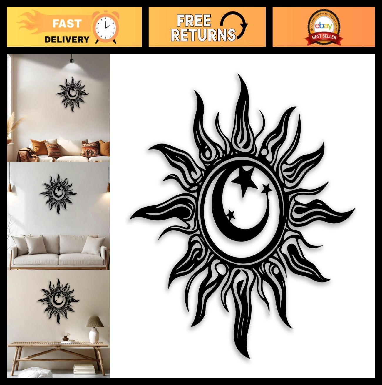Sun Moon Star Metal Wall Art Decor for Living Room, Bedroom, Office & Garden