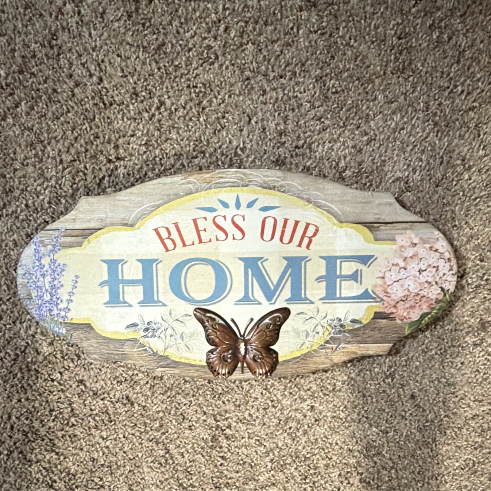 Carpentree « Bless Our Home » Oval Wood Wall Plaque Floral Butterfly Hanging