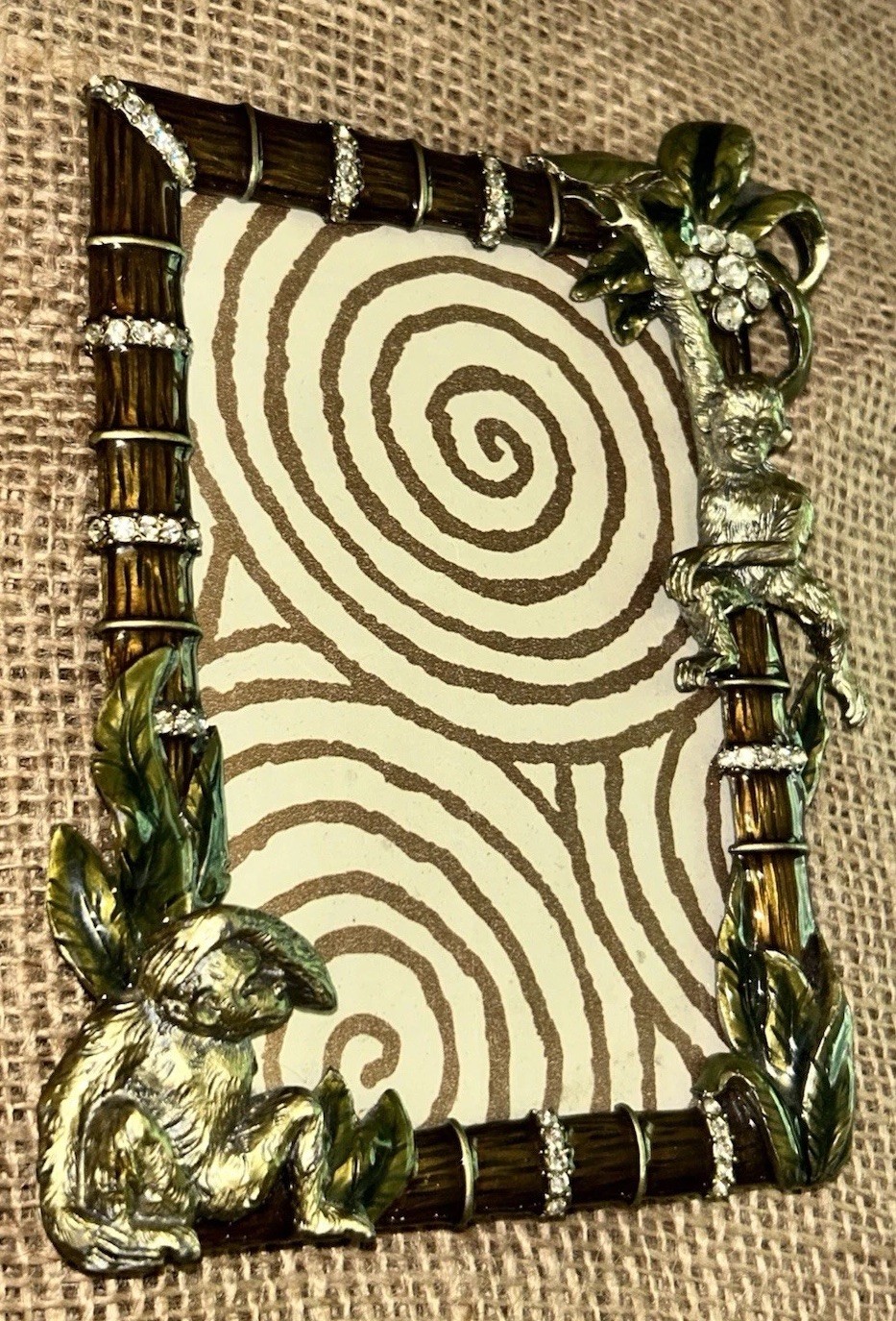 VTG Enamel Rhinestone MONKEY & Palm Trees 3.5×5 Photo Picture Frame 4.75”W 6”T