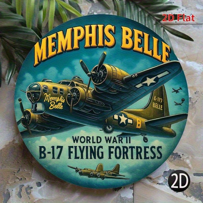 Vintage Memphis Belle B-17 Flying Fortress Round Metal Sign WWII Plane Decor