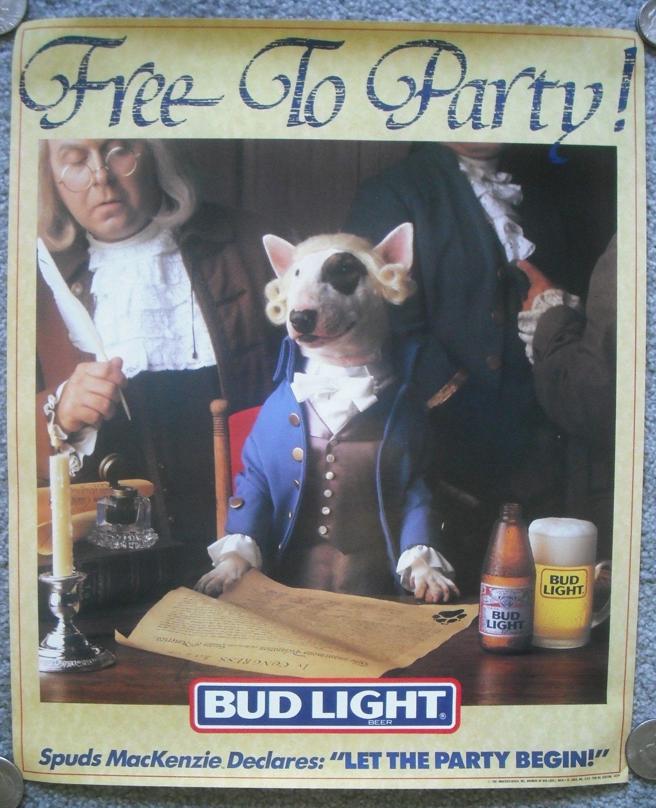 1987 Bud Light Spuds MacKenzie Free To Party 17&Prime; Poster Declaration Independence