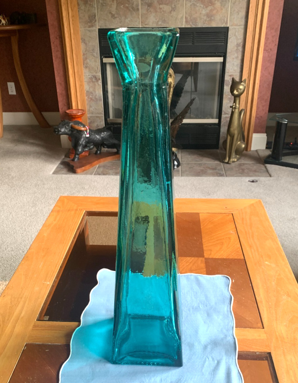 Teal Blue Floor Vase 21-inch-Tall Square Pyramidal Flower Vase – weighs 10 lbs.